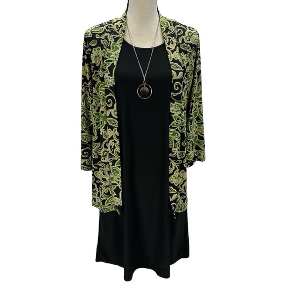 NY Collection Floral Print Jacket Tank Sheath Midi Dress - Black Green - Medium - Picture 1 of 11